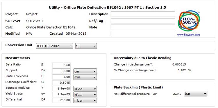 Orifice Plate Deflection & Uncertainty BS1042:1987 Pt. 1 Sec 1.5