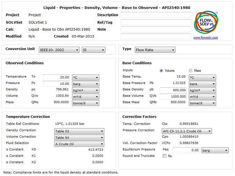 Density, Volume - Base to Observed - API2540: 1980